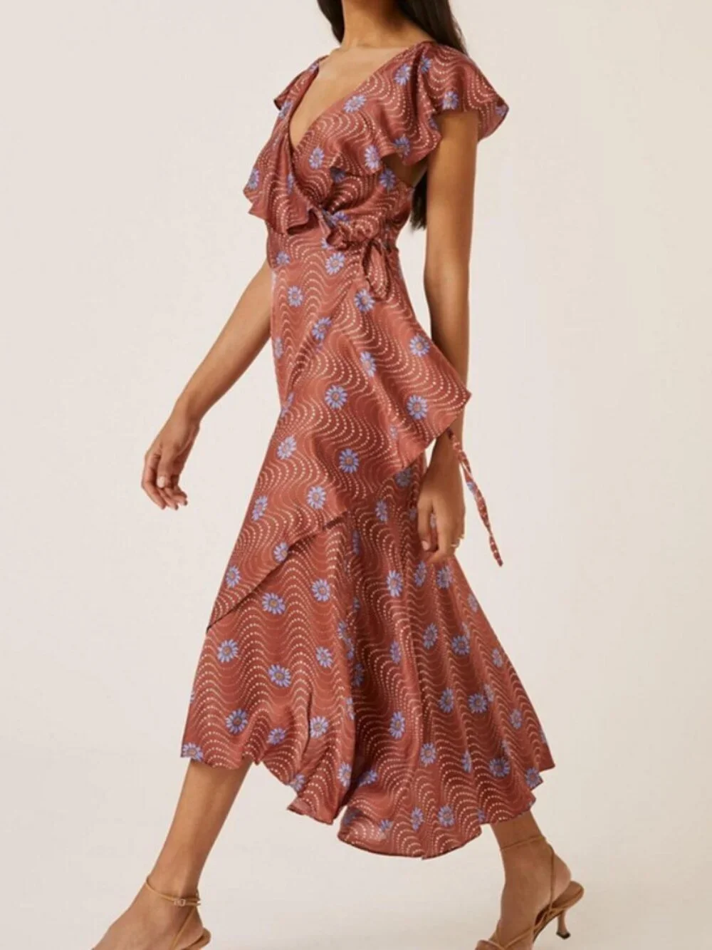 Anthropologie Brown Ruffle-Sleeve Printed-Wrap Maxi Dress Size XXSP 38430